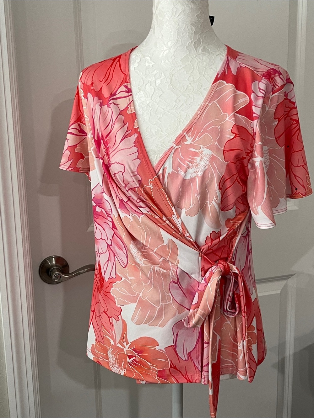 Clara Sun Woo Pink & Coral Floral Faux Wrap Blouse RunsBig SZ XS-S NWOT